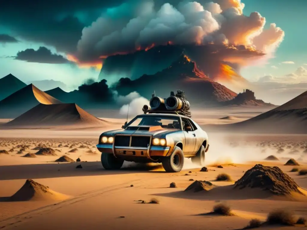 Un paisaje postapocalíptico de la sociedad Mad Max con restos de tecnología entre la desolación