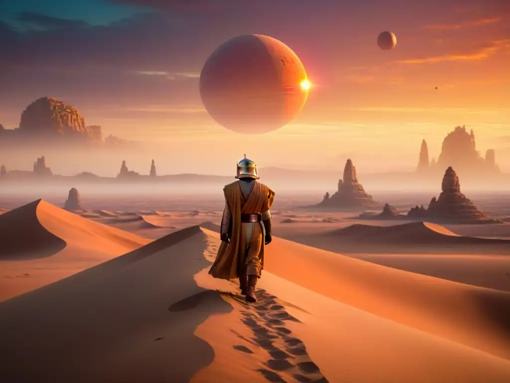 Un paisaje real de Star Wars: un desierto con gemelos soles, dunas de arena y una figura solitaria en túnicas Jedi, bajo un cielo naranja y rosado