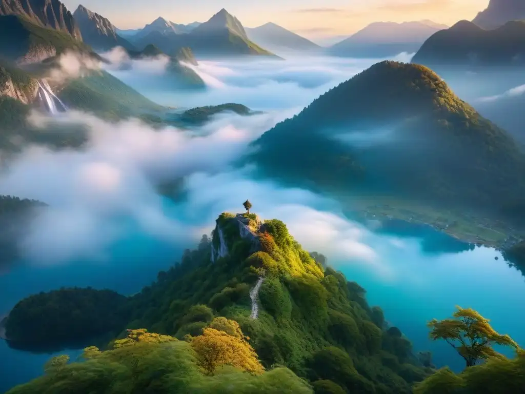 Un paisaje sereno y místico con montañas, bosques, cascada y lago, bañados por luz dorada al amanecer