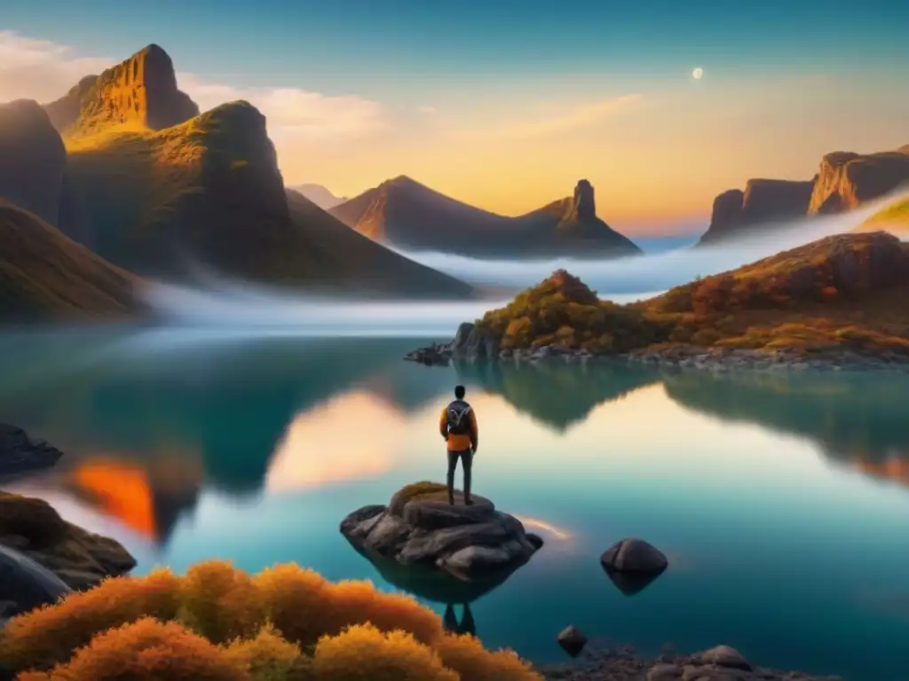 Un paisaje sereno de mundos ficticios para resolver problemas: un lago brillante refleja múltiples lunas, figuras alienígenas y una figura solitaria