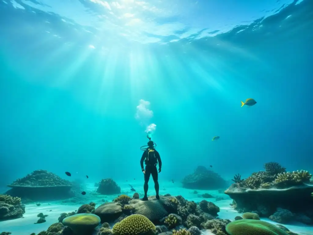 Un paisaje submarino alienígena con vida exótica y flora bioluminiscente, iluminado en azulverde