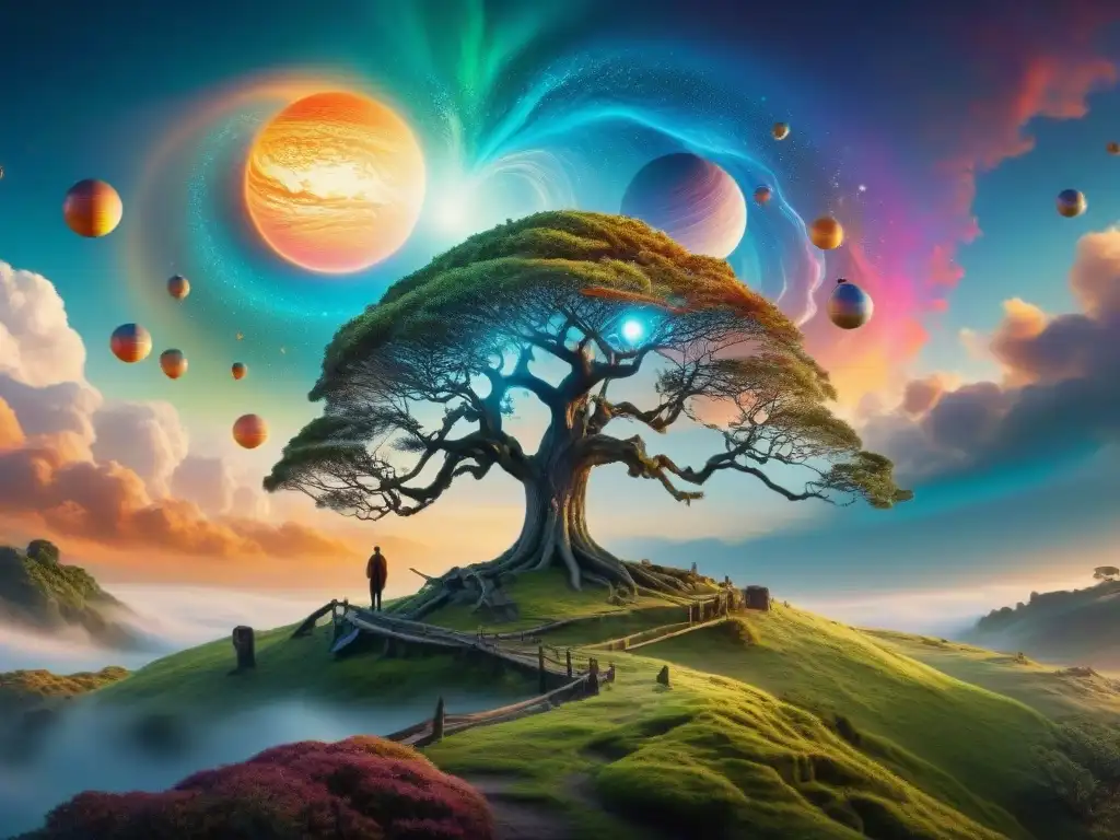 Un paisaje surrealista con un árbol gigante que conecta mundos de Neil Gaiman