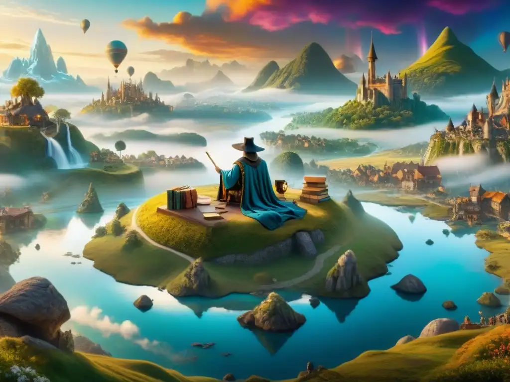 Un paisaje surrealista y mágico en Discworld: islas de libros flotantes, ríos de magia y personajes diversos en animada conversación