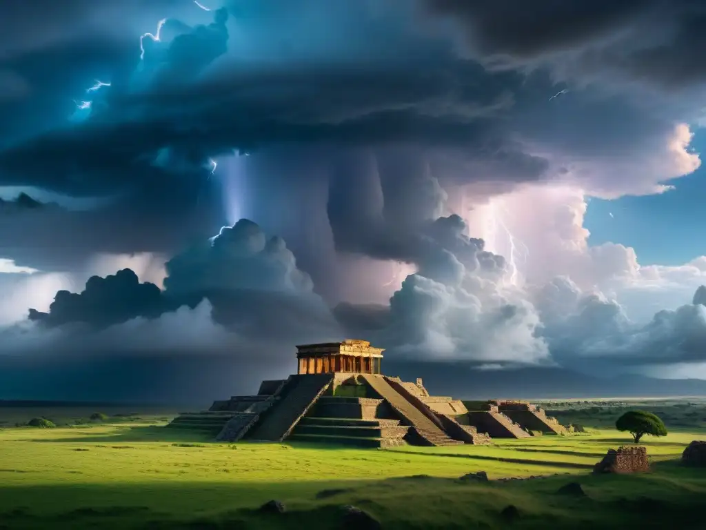 Un paisaje tormentoso con ruinas antiguas y personajes reflexivos de diferentes culturas en El Archivo de las Tormentas