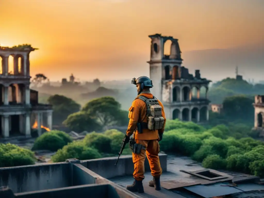 Un paisaje urbano abandonado cubierto de vegetación, al atardecer