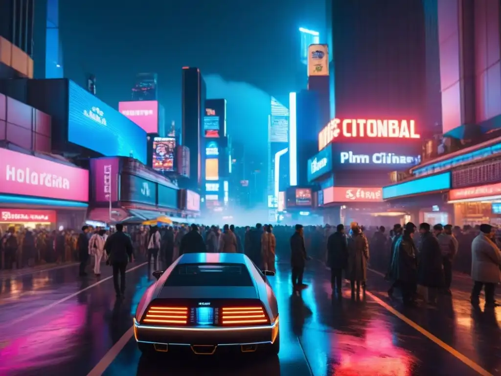 Un paisaje urbano cyberpunk bullicioso con luces de neón, rascacielos y anuncios holográficos, donde el futuro tecnológico plantea dilemas éticos