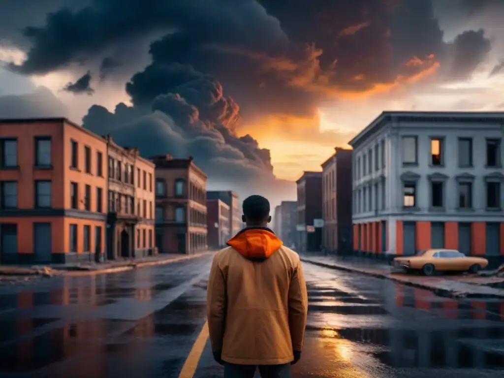 Un paisaje urbano desolado al atardecer, con nubes de tormenta ominosas y un personaje solitario