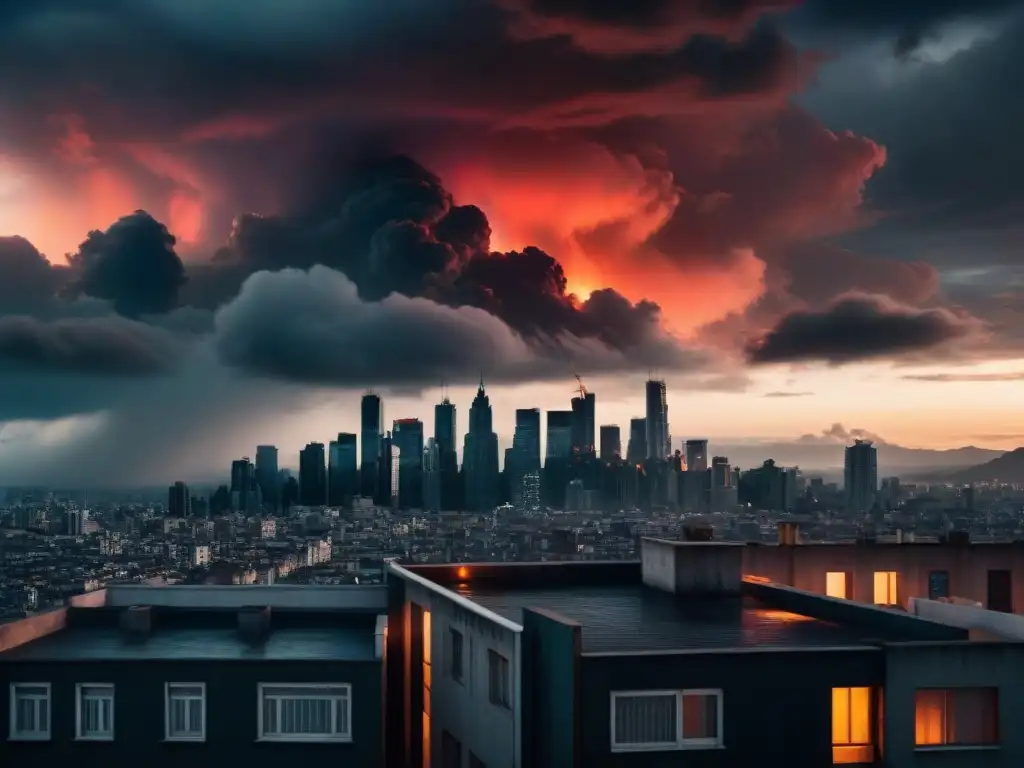 Un paisaje urbano desolado y oscuro con nubes ominosas, iluminado por una luz roja en un edificio alto