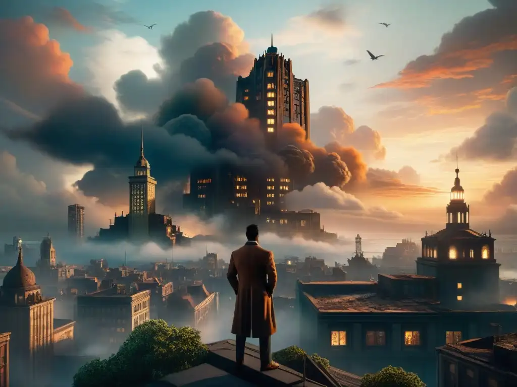 Un paisaje urbano distópico en Bioshock Infinite: Utopías caídas en la cálida luz del atardecer, entre rascacielos imponentes y decadencia