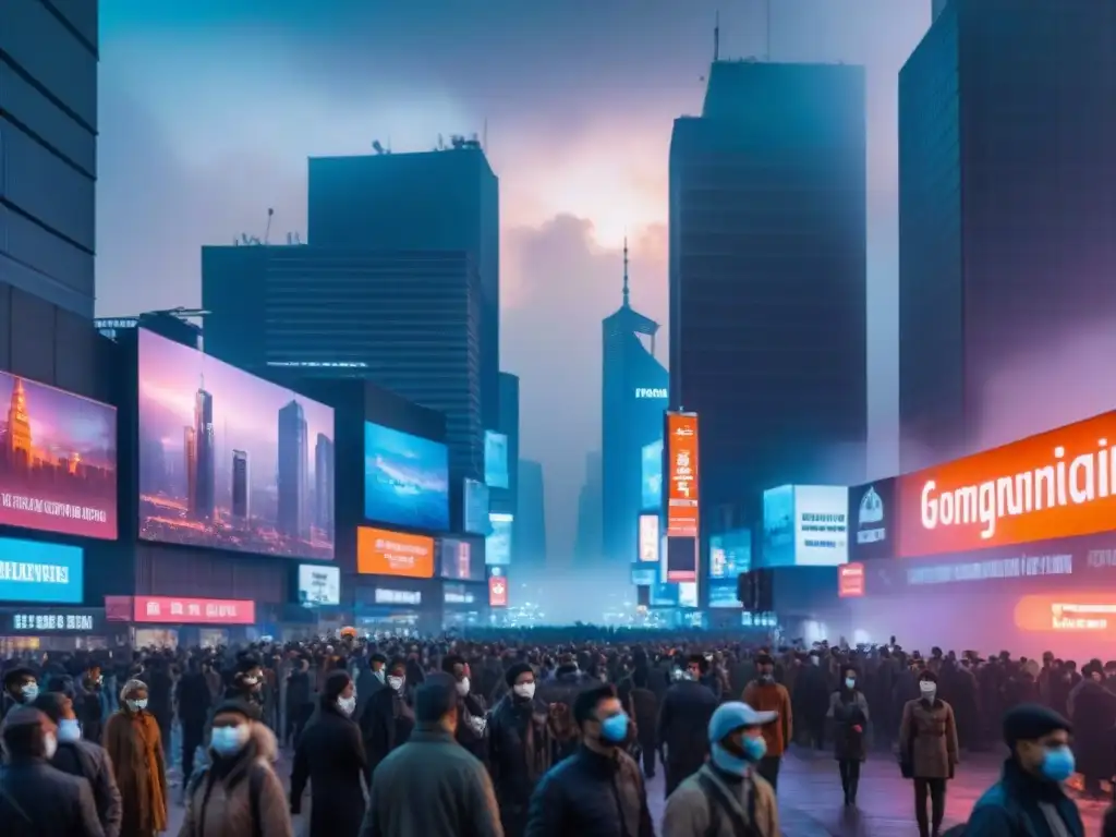 Metrópolis distópica al atardecer: smog, drones y propaganda Un paisaje urbano distópico al anochecer, con rascacielos envueltos en smog, luces de neón y drones de vigilancia