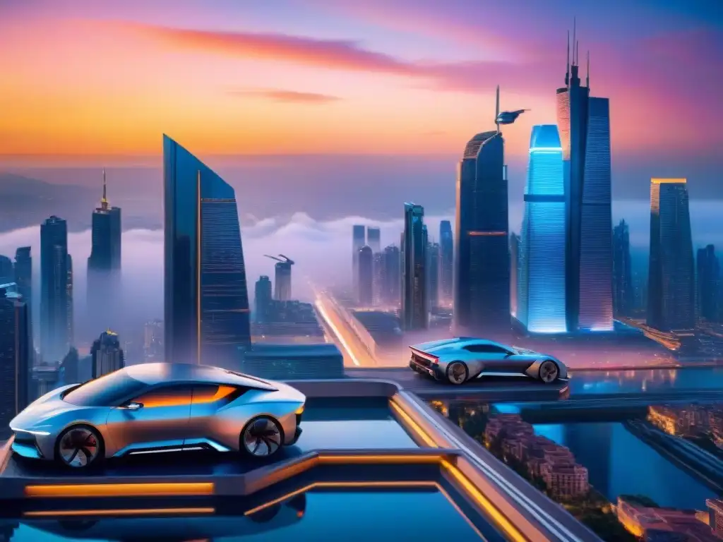 Un paisaje urbano futurista al atardecer, con rascacielos relucientes y autos voladores