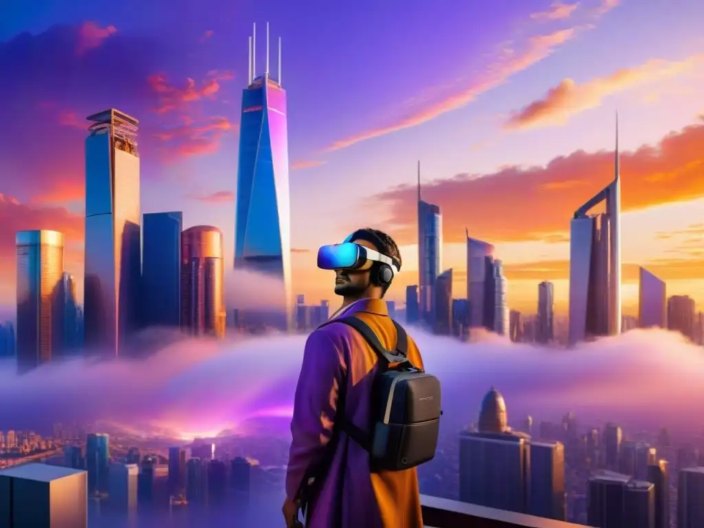 Un paisaje urbano futurista al atardecer con rascacielos holográficos y personas en auriculares de realidad virtual