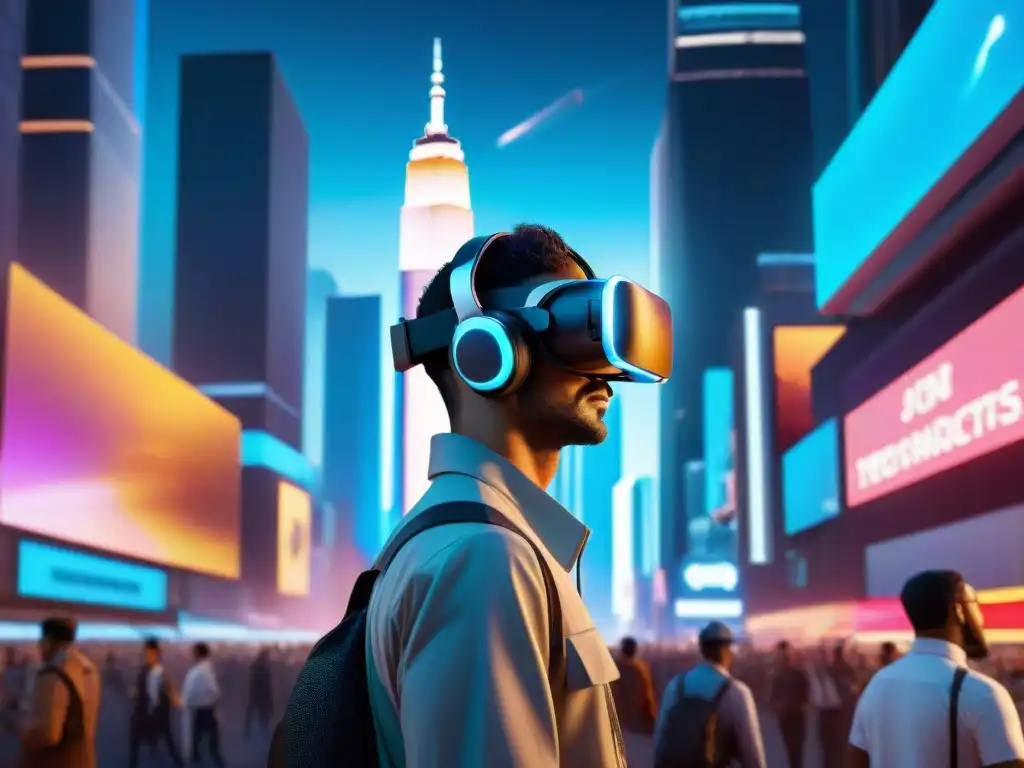 Un paisaje urbano futurista bullicioso con rascacielos, luces de neón y personas usando auriculares de realidad virtual