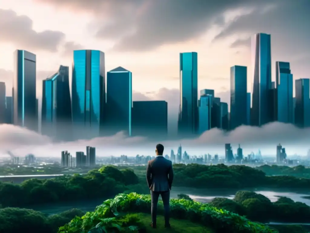 Un paisaje urbano futurista dividido entre la utopía y la distopía, inspirado en Black Mirror