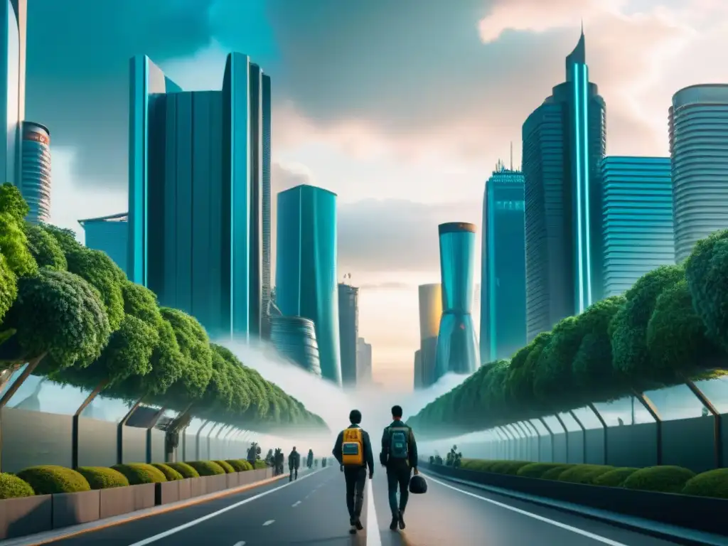 Un paisaje urbano futurista dividido entre utopía y distopía, reflejando lecciones para la sociedad actual