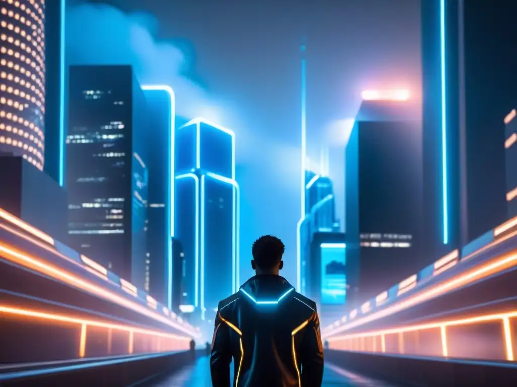 Un paisaje urbano futurista iluminado por luces de neón, con un aire de universo ficticio como 'Tron'