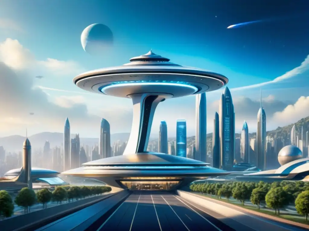 Un paisaje urbano futurista inspirado en la economía de Star Trek, con arquitectura avanzada y energía sostenible integrada