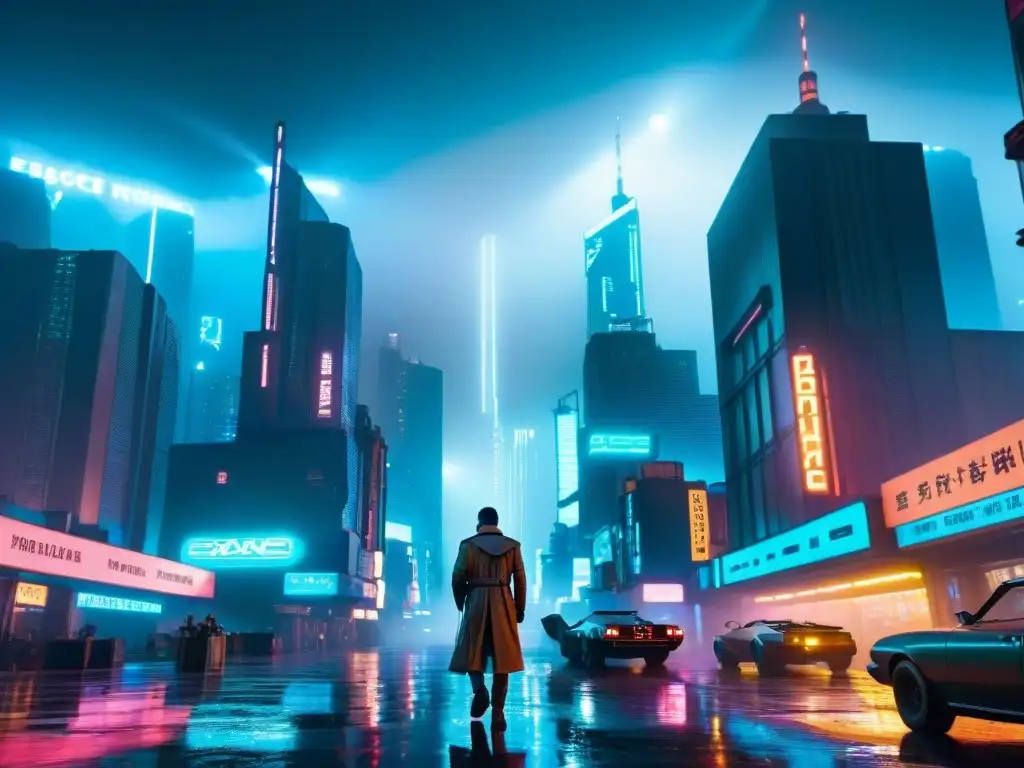 Un paisaje urbano futurista inspirado en 'Blade Runner', con rascacielos neón, autos voladores y una lluvia constante