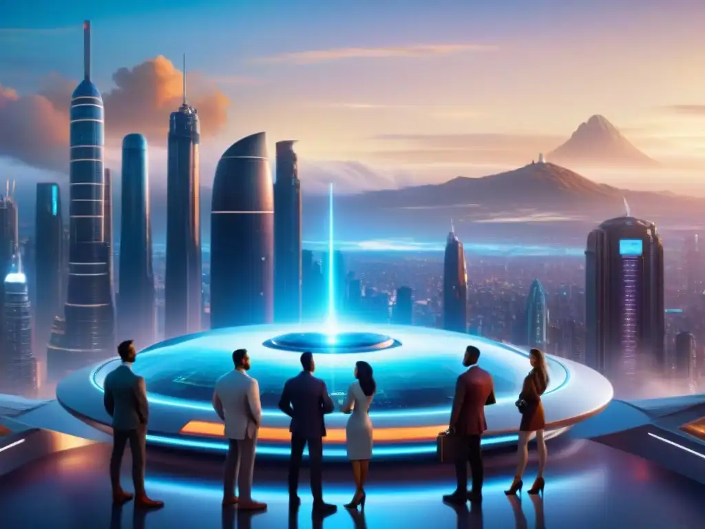 Un paisaje urbano futurista lleno de innovación y diversidad, con figuras clásicas de ciencia ficción 2023