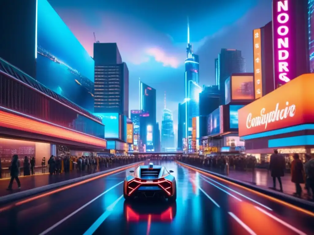 Un paisaje urbano futurista con luces de neón, hologramas y autos voladores