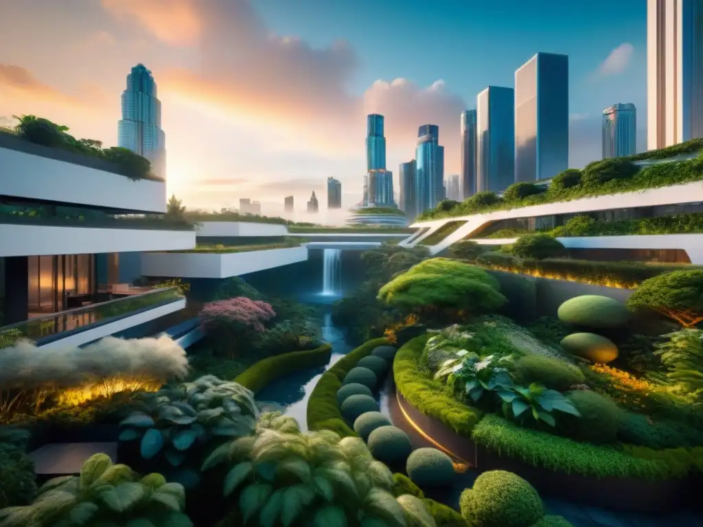 Un paisaje urbano futurista se fusiona con la naturaleza en la penumbra, creando una atmósfera mágica y futurista