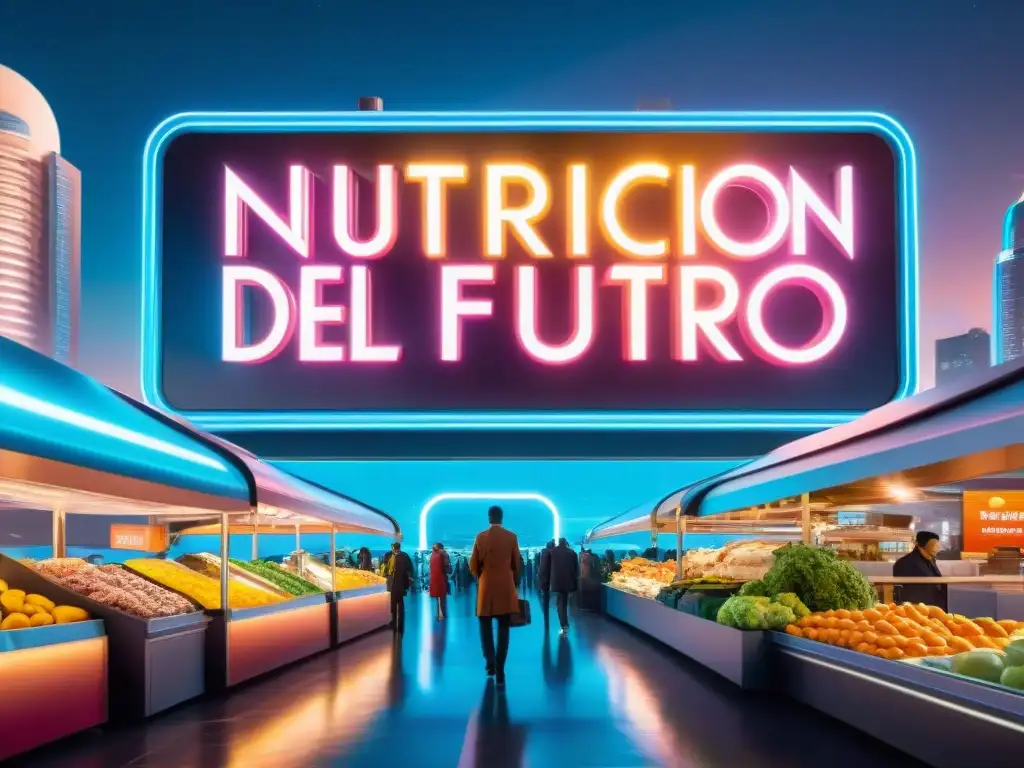 Un paisaje urbano futurista de noche con edificios iluminados, hologramas de alimentos y letrero 'Nutrición en mundos ficticios'