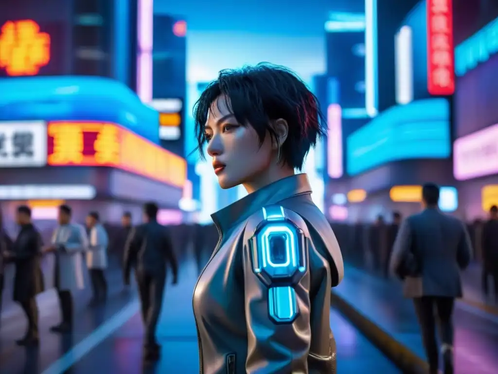 Futurismo nocturno: cyborg en ciudad neón Un paisaje urbano futurista de noche con luces de neón y hologramas