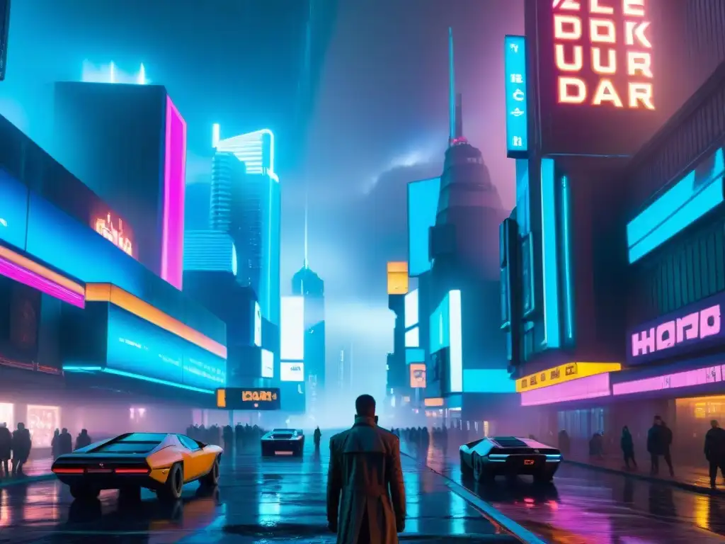 Un paisaje urbano futurista de Blade Runner 2049 con rascacielos neón y calles lluviosas, reflejando la dualidad entre tecnología y decadencia