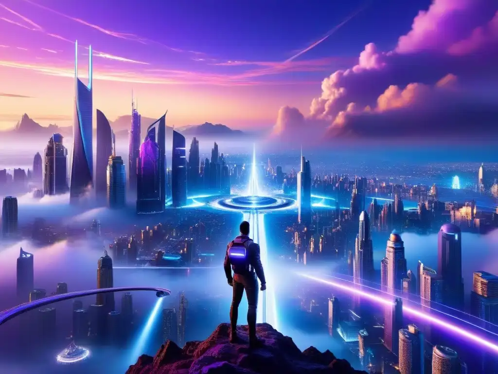 Un paisaje urbano futurista con rascacielos brillantes, autos voladores y portales energéticos