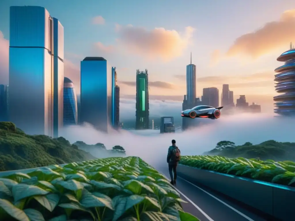 Un paisaje urbano futurista con rascacielos y vegetación, autos voladores y anuncios holográficos, al atardecer