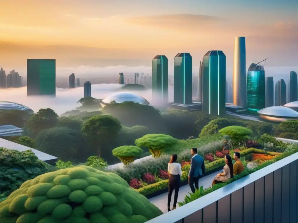 Un paisaje urbano futurista con rascacielos y vegetación, iluminado por una puesta de sol dorada, en una próspera sociedad