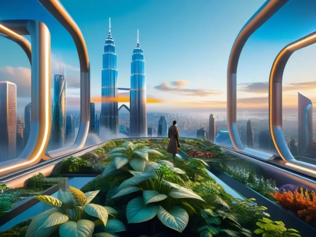 Un paisaje urbano futurista con rascacielos, jardines verticales, sistemas de transporte avanzados y hologramas, iluminado por un vibrante atardecer