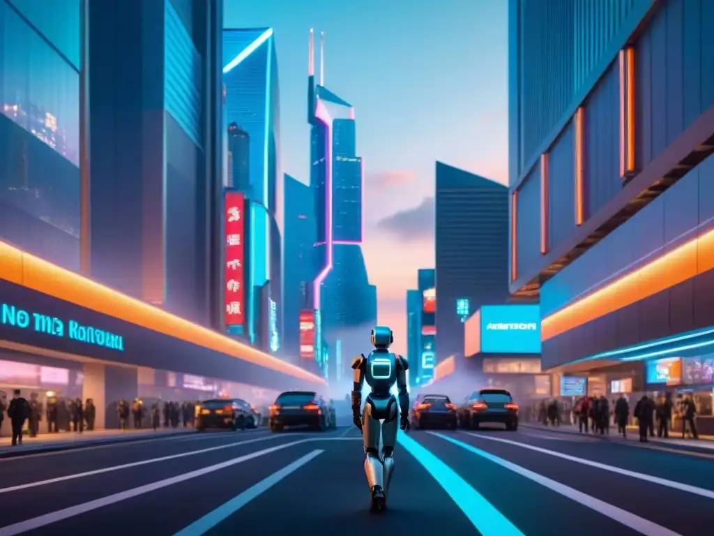 Un paisaje urbano futurista al anochecer, con rascacielos relucientes y robots futuristas integrados en la vida diaria