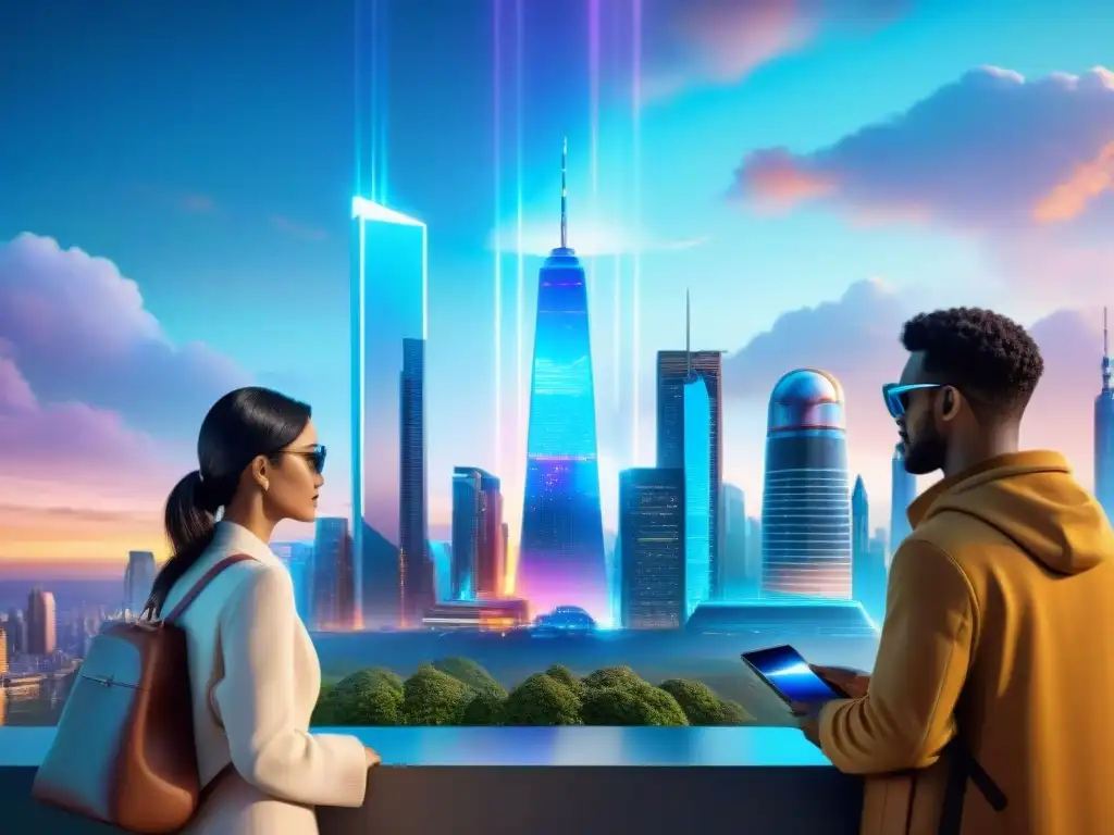 Un paisaje urbano futurista al anochecer con realidad aumentada en narrativa ficción