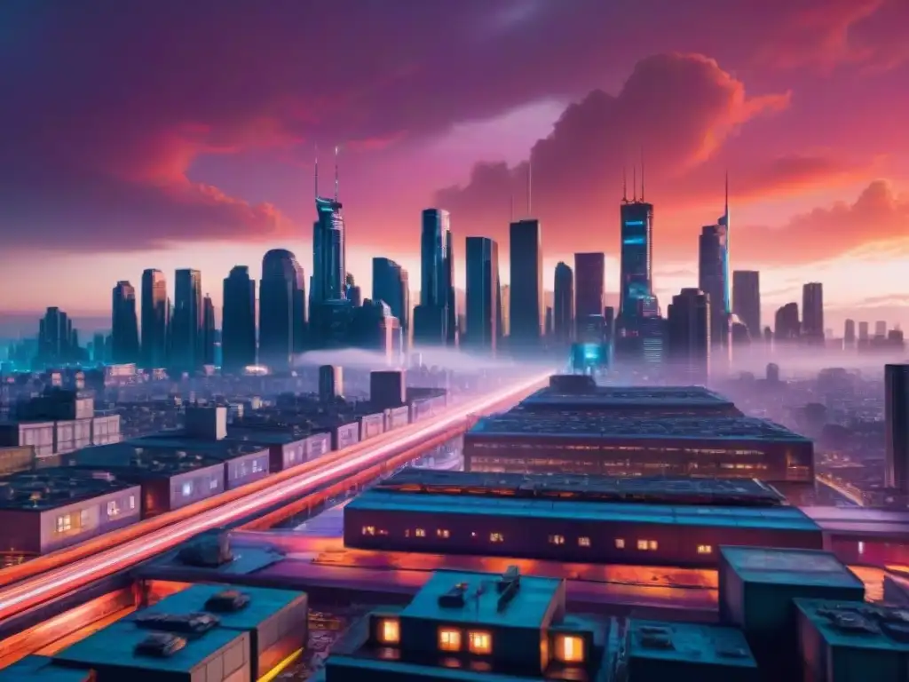 Metrópolis distópica: luces neón y caos en un futuro sombrío Un paisaje urbano futurista en tonos rojizos, con rascacielos envueltos en neón y smog