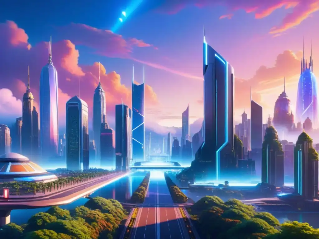 Un paisaje urbano futurista y utópico en un videojuego, con detalles pixelados, colores vibrantes y arquitectura tecnológica avanzada