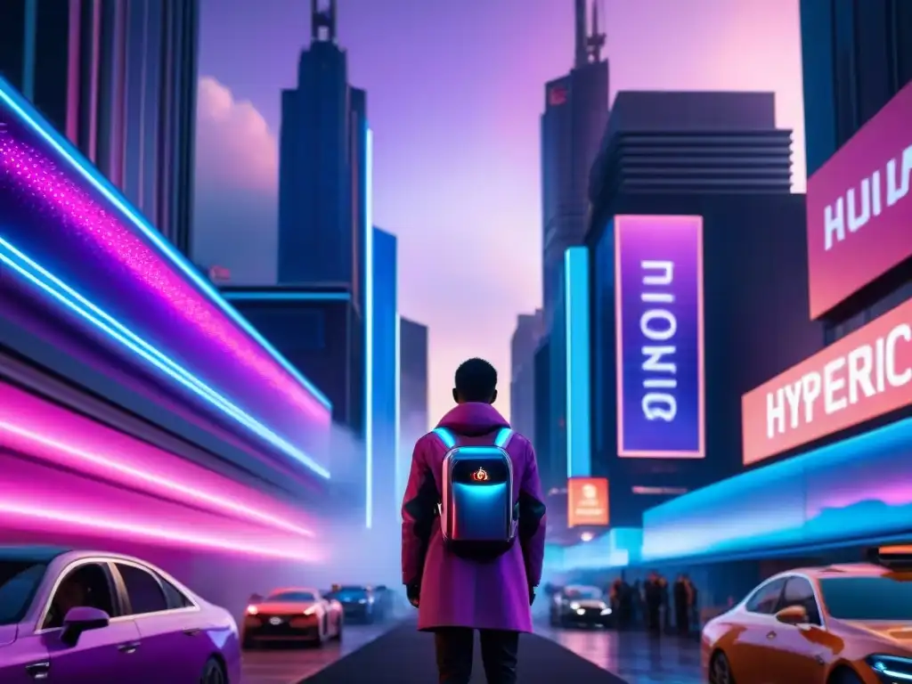 Un paisaje urbano vibrante y futurista en un universo paralelo al atardecer, con rascacielos adornados con vallas publicitarias holográficas, luces de neón brillantes y vehículos voladores tejiendo entre las bulliciosas calles