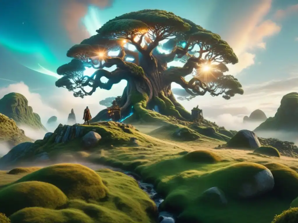 Un paisaje vasto y místico con seres alienígenas y un árbol cristalino, fusionando mitología en mundos ficticios