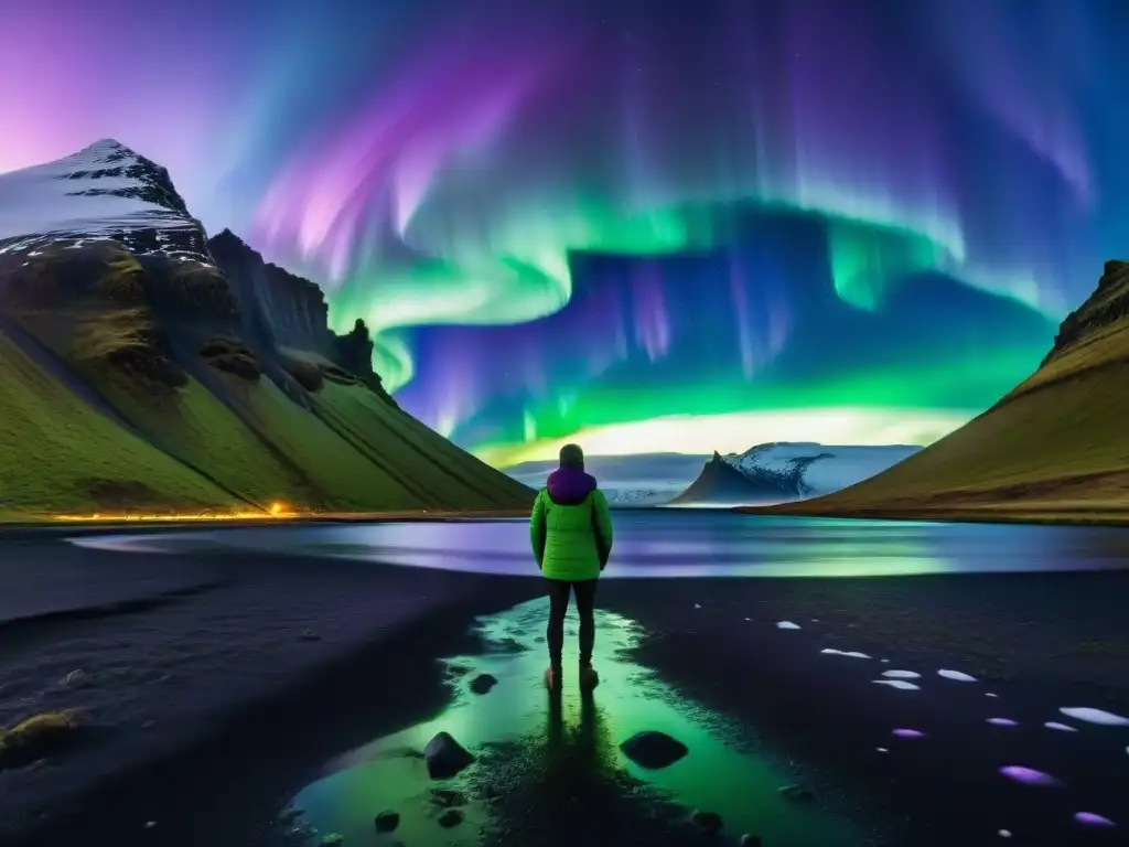 Paisajes de Islandia en películas: Aurora boreal sobre montañas nevadas y lago cristalino