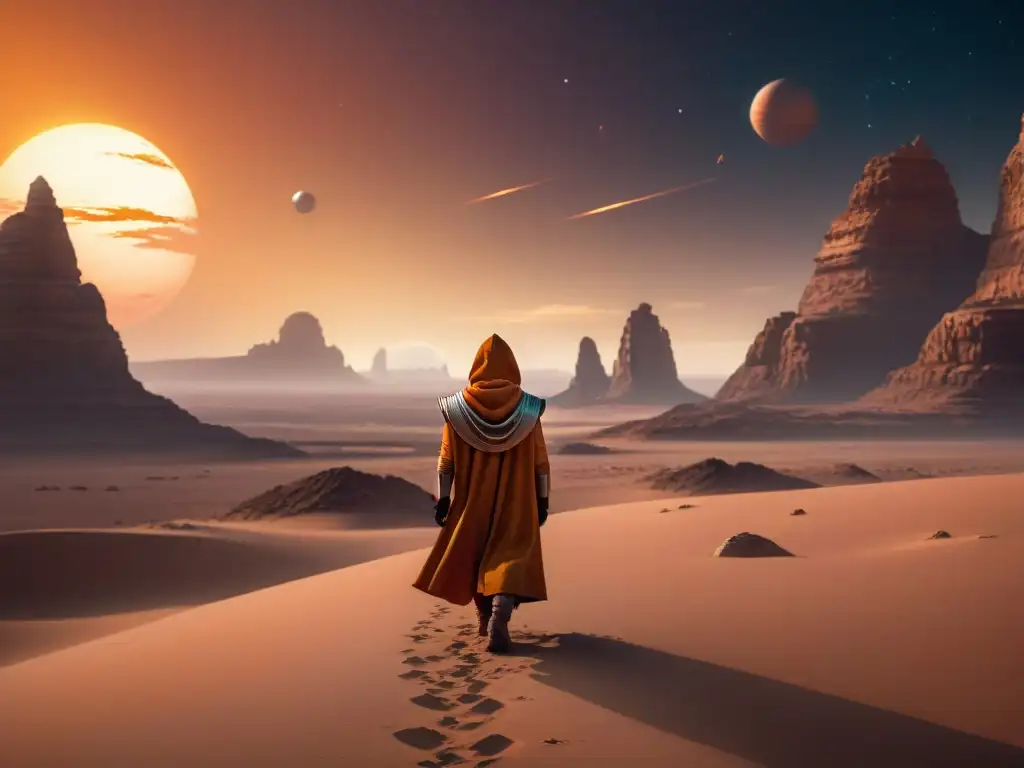 Explora paisajes de Star Wars reales con figura solitaria caminando hacia nave futurista en desierto rocoso al atardecer