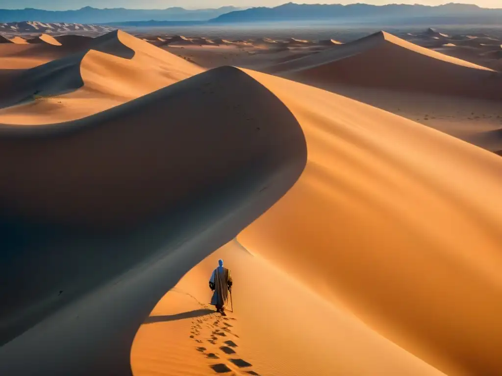 Explora los paisajes de Star Wars reales: figura solitaria atraviesa dunas doradas del Sahara, bajo cielo azul intenso