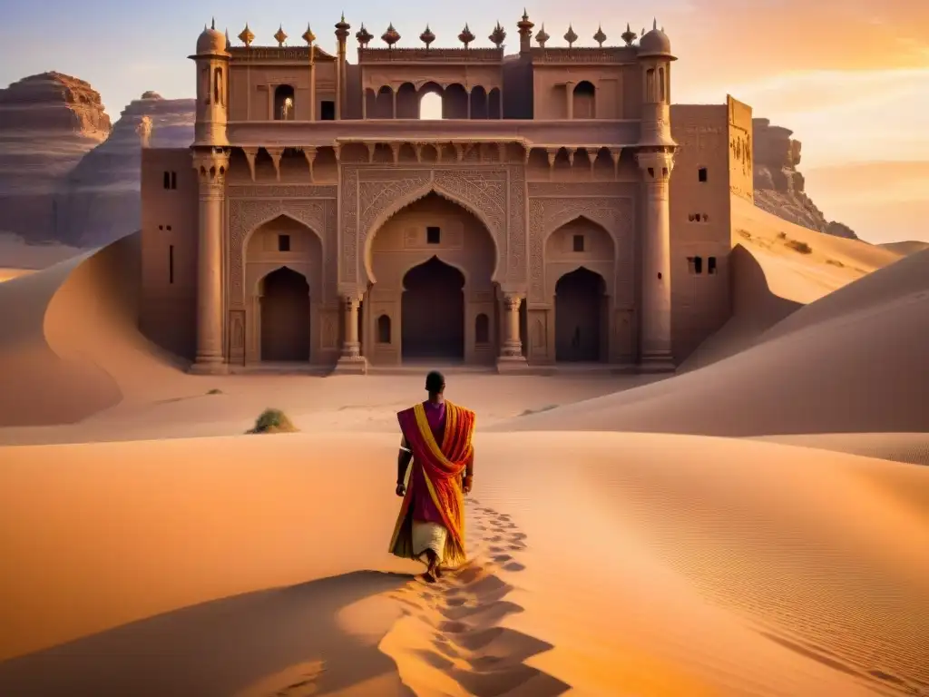 Un palacio de arenisca en un desierto, bañado por el sol bajo cielos de misterio