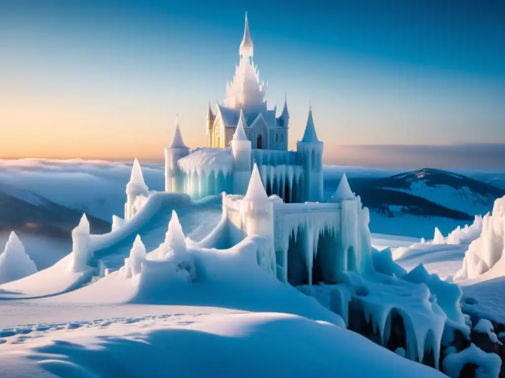 Palacio de hielo majestuoso con seres de hielo, torres relucientes y aura mágica invernal