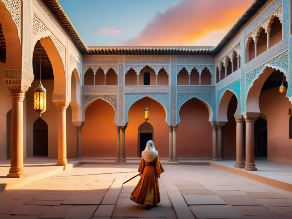 Un palacio persa en Prince of Persia: intrincadas decoraciones, un atardecer misterioso y un guerrero en la penumbra