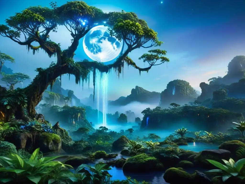 La mágica ecología de Pandora en la luna de Avatar: flora y fauna bioluminiscente bajo un cielo estrellado