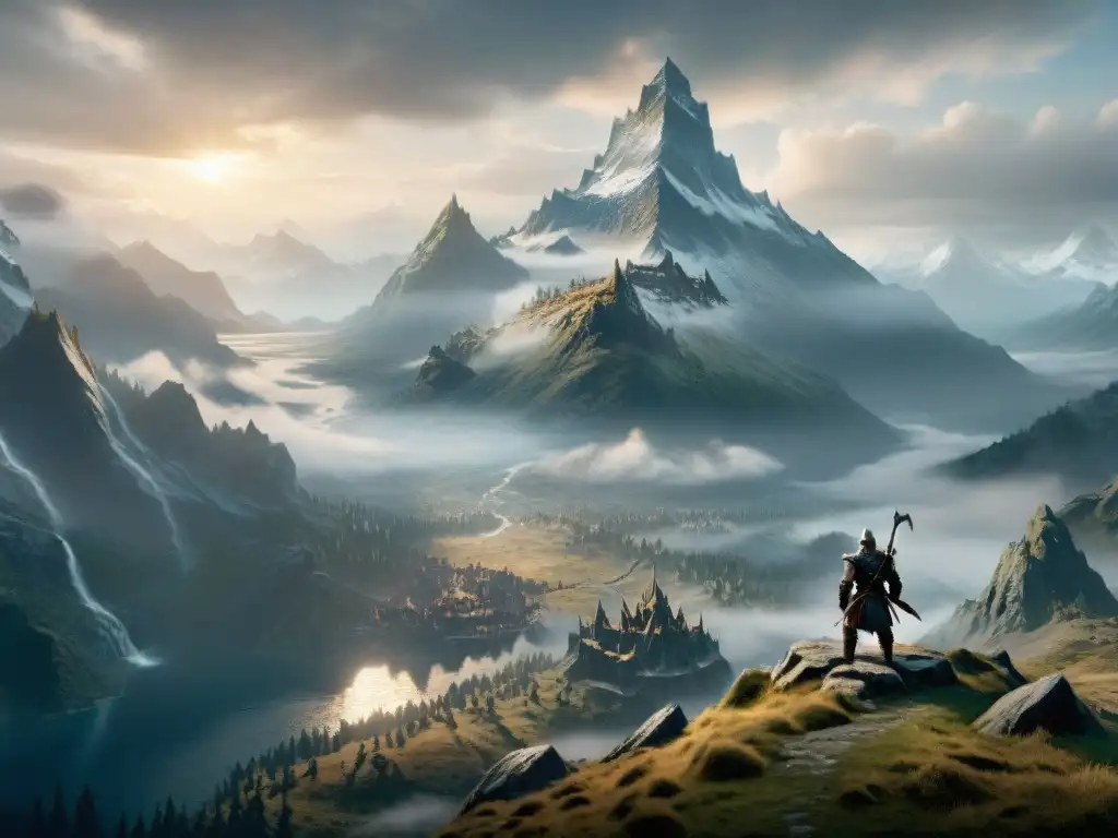 Panorámica épica del universo ficticio de Skyrim al anochecer, con la imponente montaña Garganta del Mundo envuelta en niebla y el sol desvaneciéndose