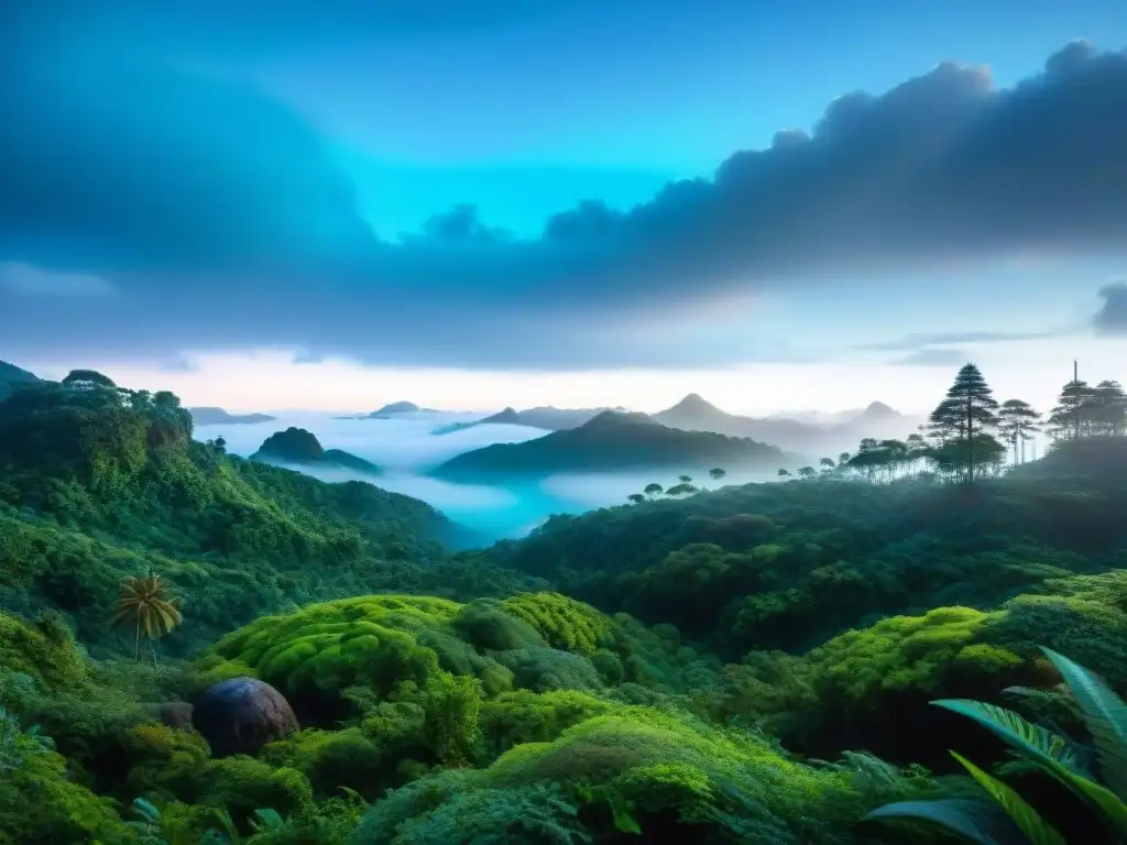 Panorámica vibrante del bosque bioluminiscente de Pandora en la noche, con flora y fauna brillante, montañas flotantes y tranquilidad de otro mundo