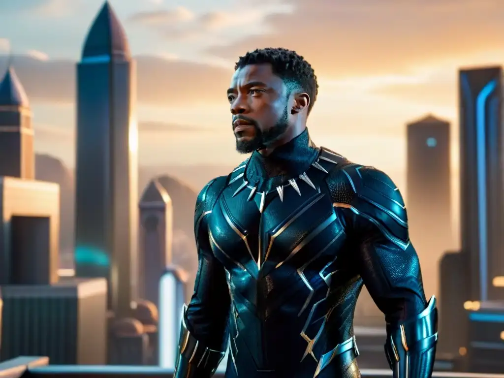 T'Challa, el Pantera Negra, en la futurista ciudad de Wakanda, con elementos africanos y tecnología avanzada