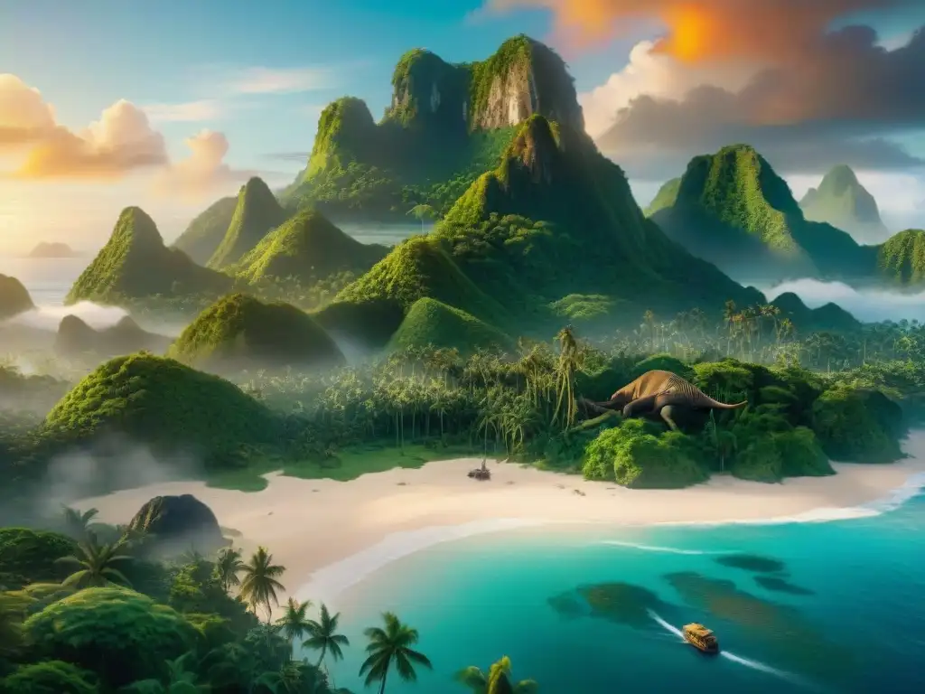 Un paraíso tropical exuberante similar a Isla Nublar, con palmeras, vegetación densa y silueta de dinosaurio al atardecer