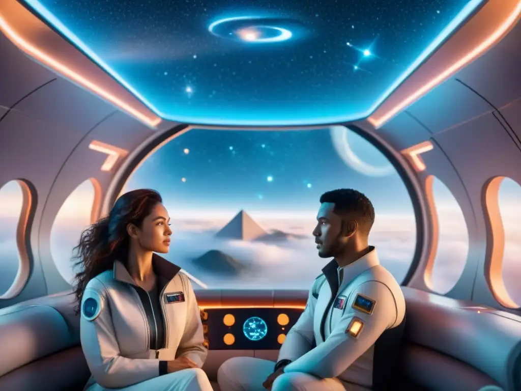 Una pareja abrazada bajo un cielo estrellado en una nave espacial futurista, con hologramas de constelaciones y galaxias